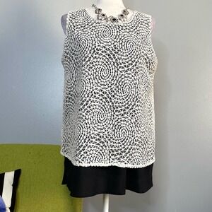 Calvin Klein White Lace Black Chiffon Layered Sleeveless Top